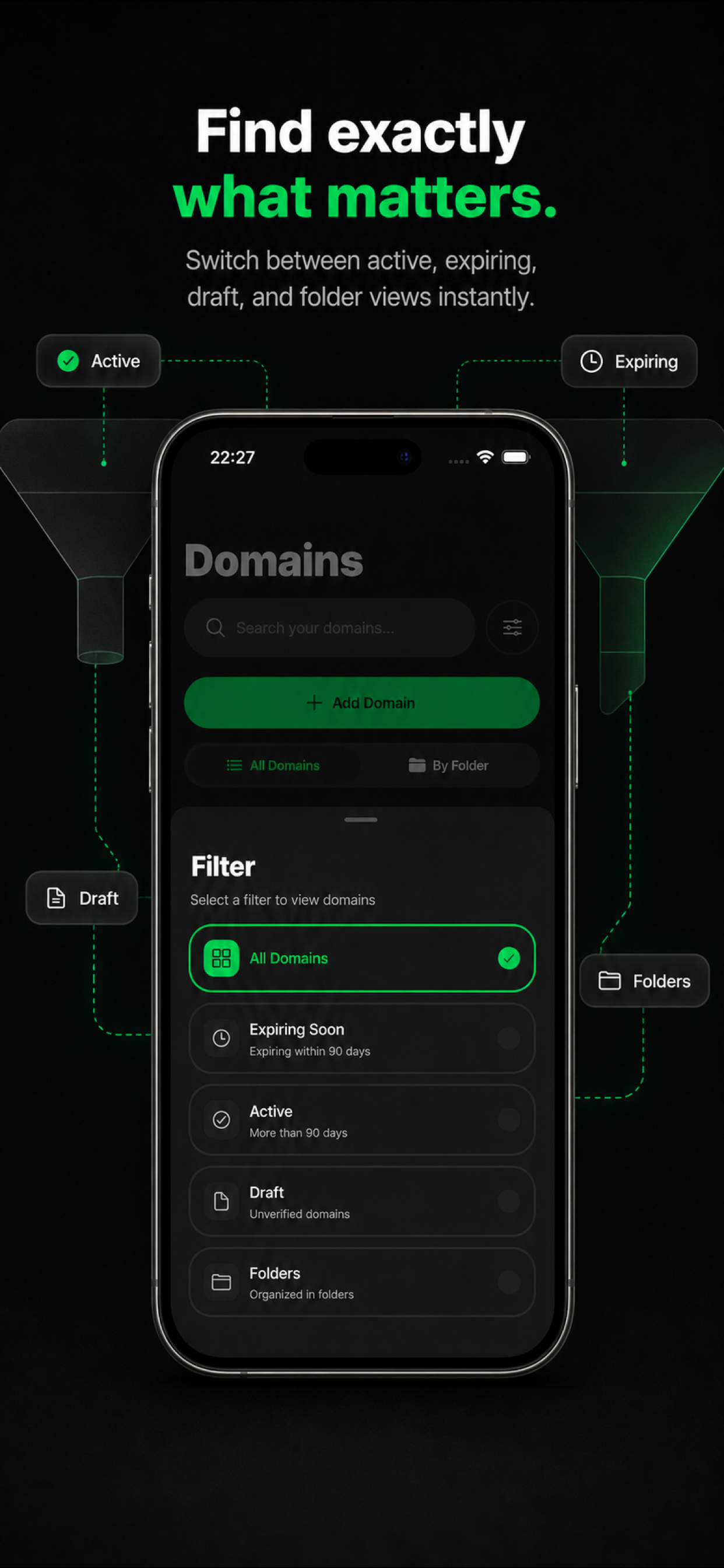 Fast filters screen in Domain Organizer
